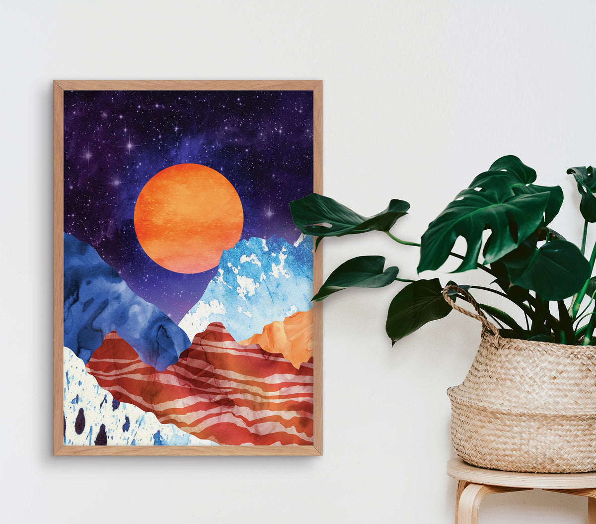 Orange Moon Art Print | Moon Over Mountains Landscape Wall Art