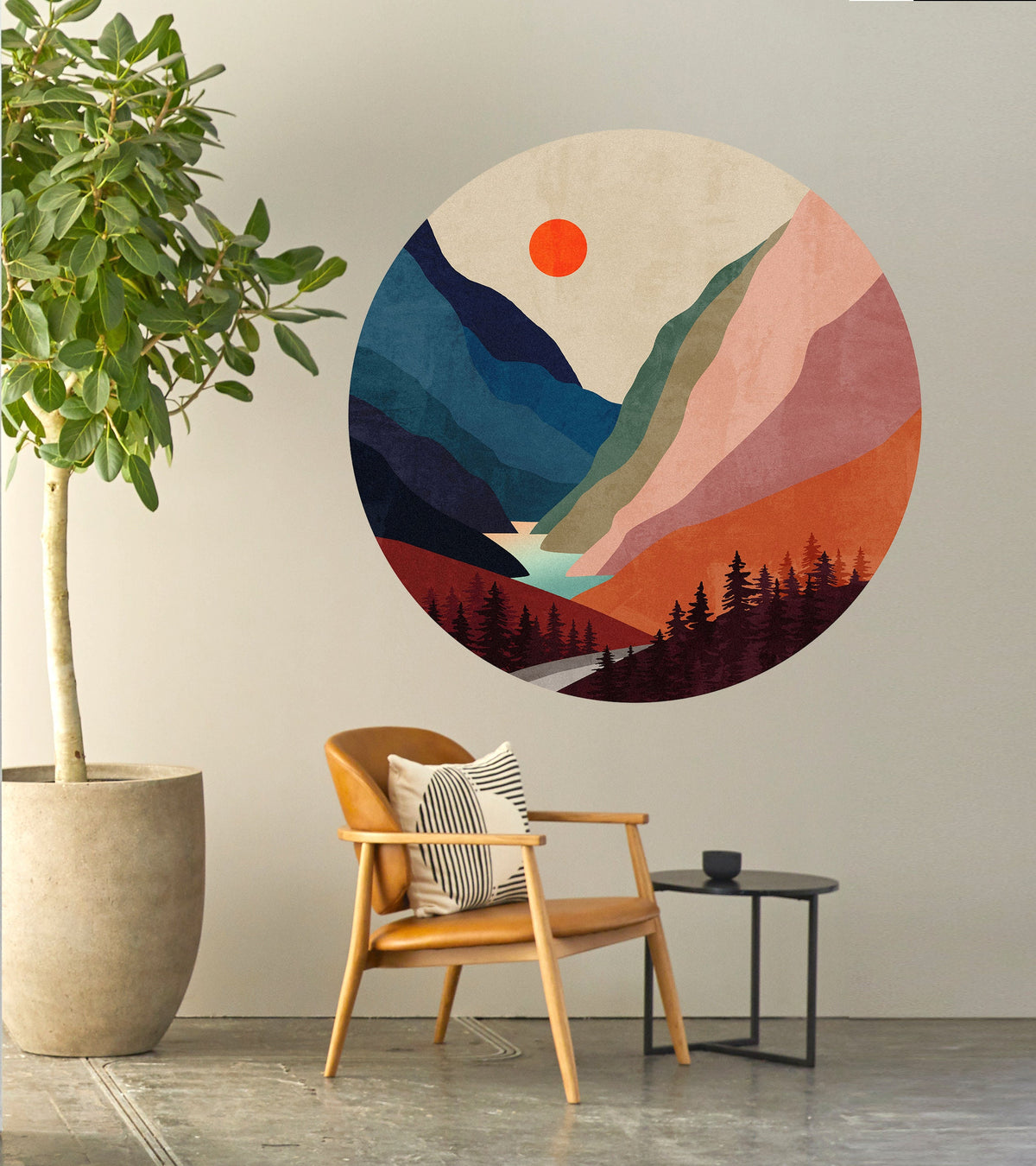 Mountain River Wall Decal | Round Removable Self-Adhesive Wall Sticker