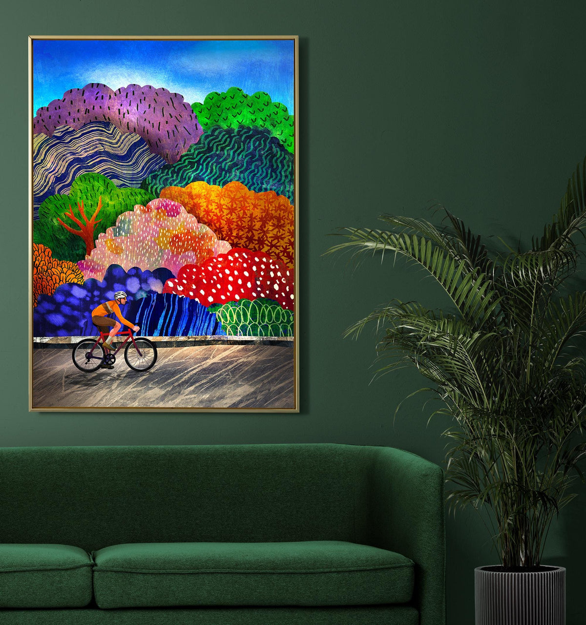 Cyclist Art Print | Colorful Forest Cycling Wall Art
