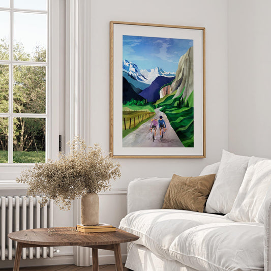 Cycling Couple Art Print | Alps Mountain Bicycle Wall Art