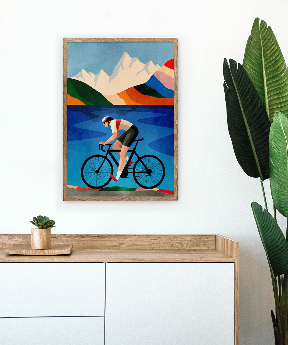 Cycling Art Print | Mountain Lake Illustration Wall Art