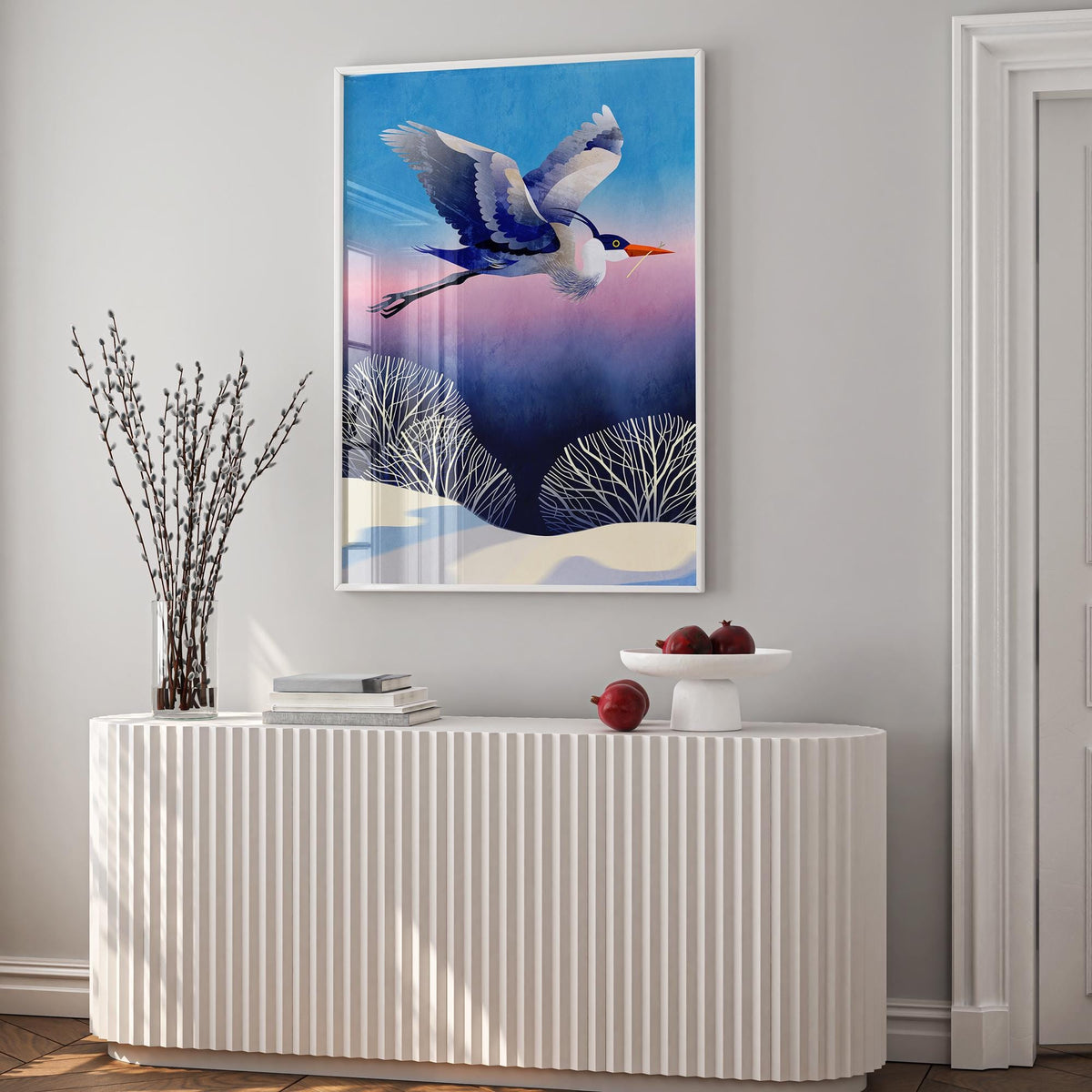 Heron Art Print | Bird Flying Over Snowy Landscape Wall Art