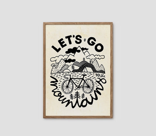 A framed art print featuring a black and cream illustration with the text 'LET'S GO mountain' and a bicycle, mountain, bridge, and trees, shown against a light gray background.
