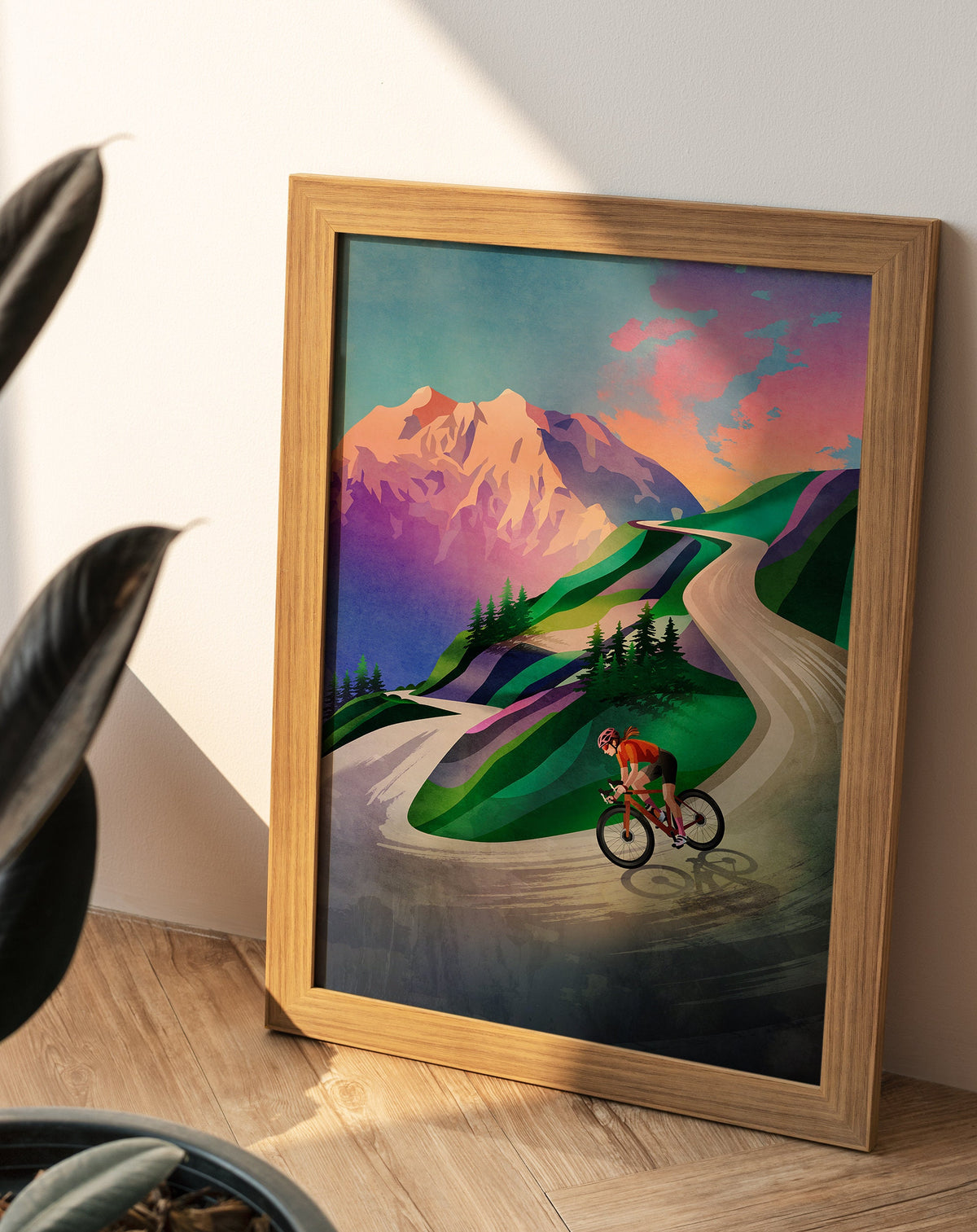 Cycling Art Print | Woman Cyclist Sunset Descent Wall Art