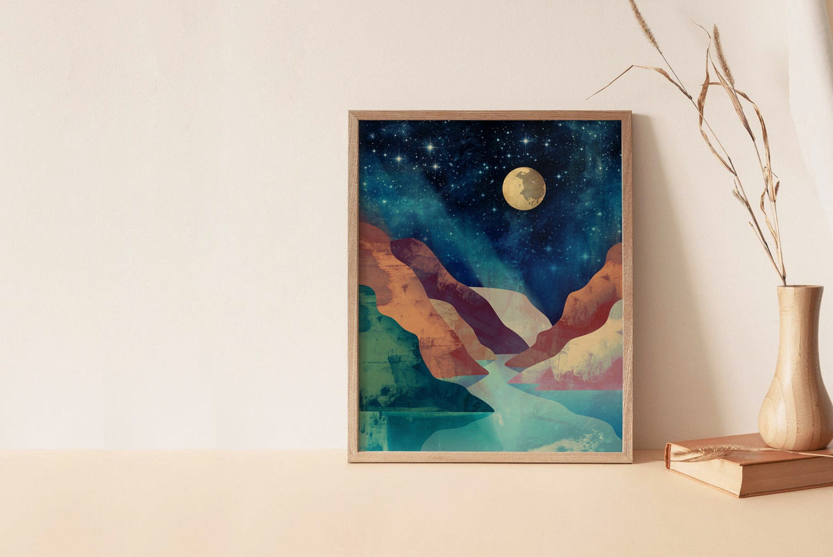 Moon Over Canyon Art Print | River Canyon Landscape Wall Art