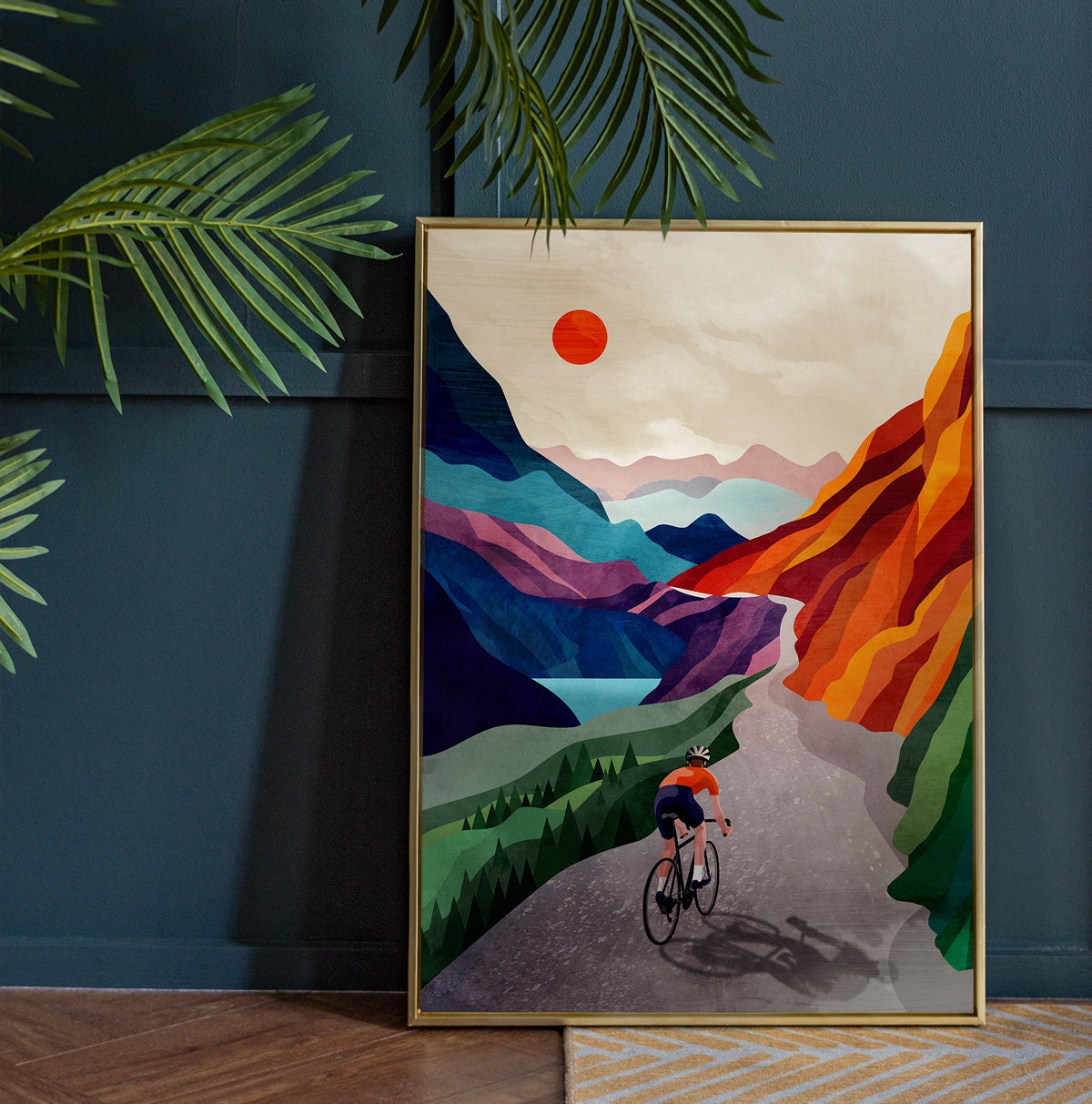Cycling Art Print | Colorful Mountain Landscape Cyclist Gift
