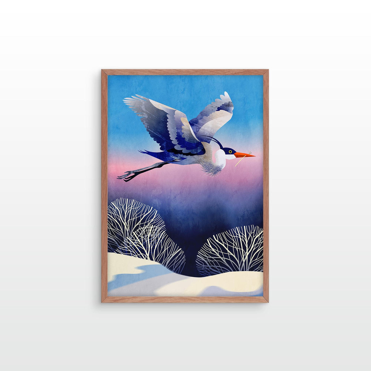 Heron Art Print | Bird Flying Over Snowy Landscape Wall Art