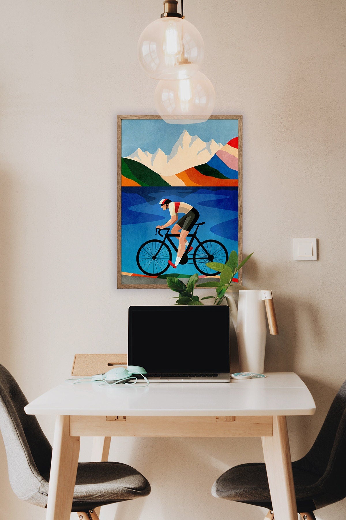 Cycling Art Print | Mountain Lake Illustration Wall Art
