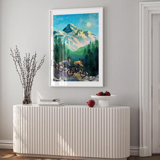 MTB Couple Art Print | Descending Mountain Trail Wall Art