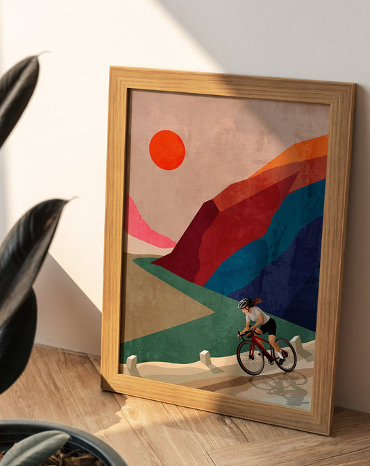 Woman Cyclist Art Print | Mountain Road Cycling Wall Art