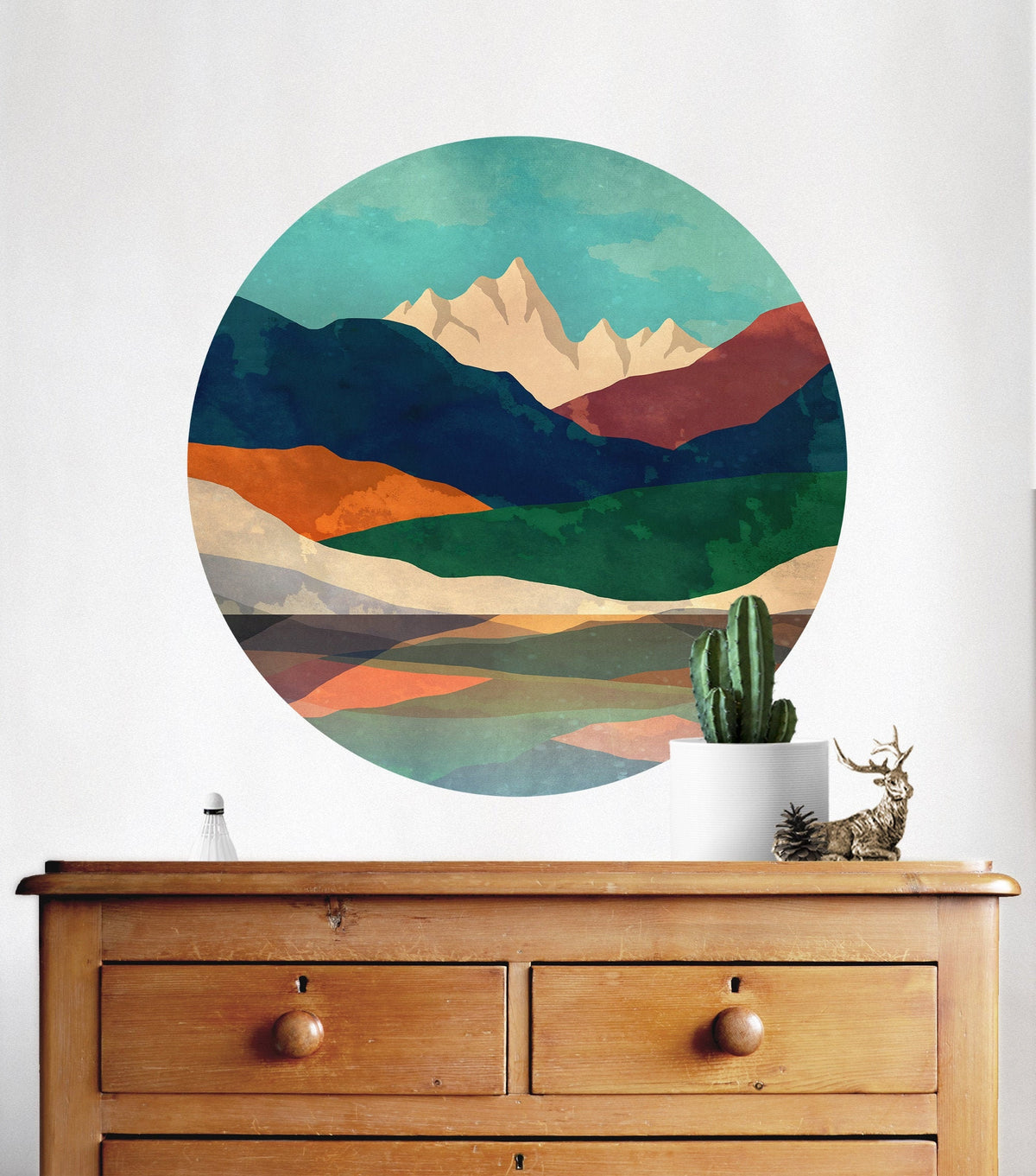 Mountain Lake Wall Decal | Colorful Round Landscape Wall Sticker
