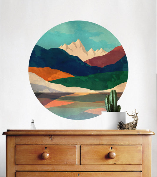 Mountain Lake Wall Decal | Colorful Round Landscape Wall Sticker