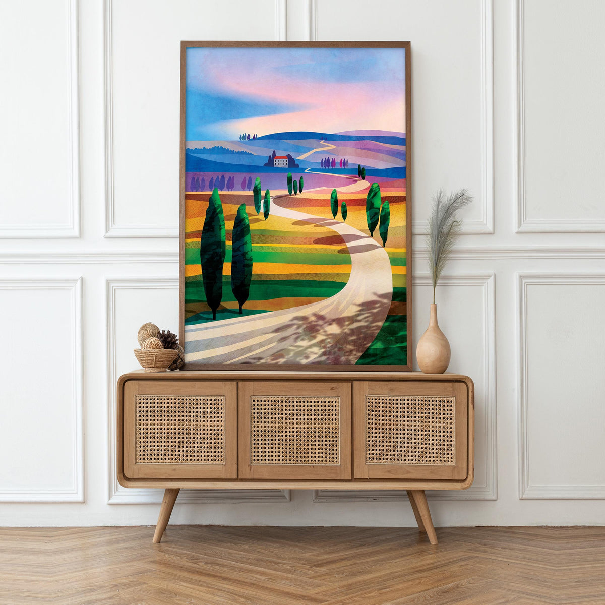 Italian Landscape Art Print | Cypress Trees Travel Poster Wall Art