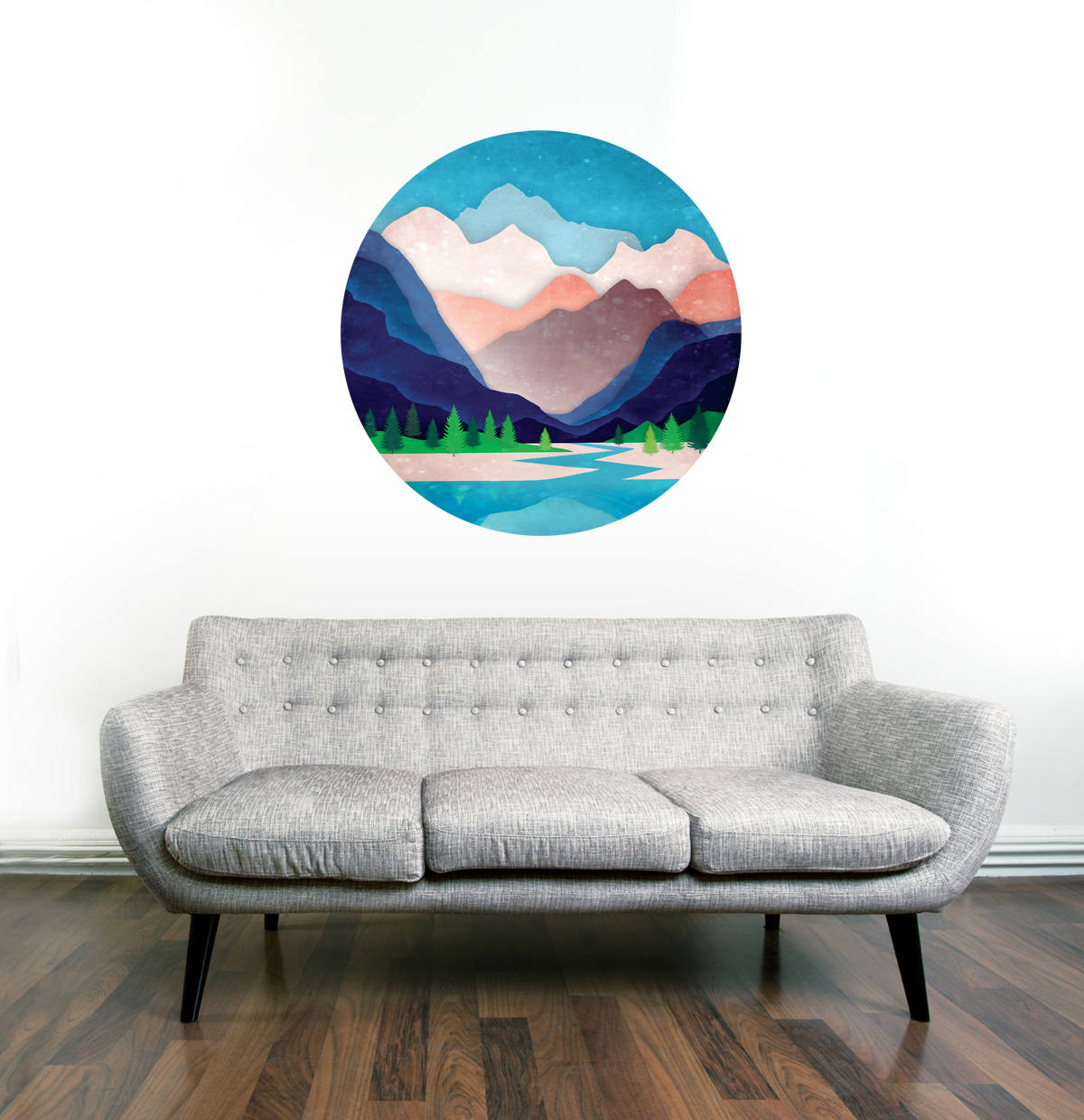 Mountain River Wall Decal | Round Self-Adhesive Removable Wall Sticker