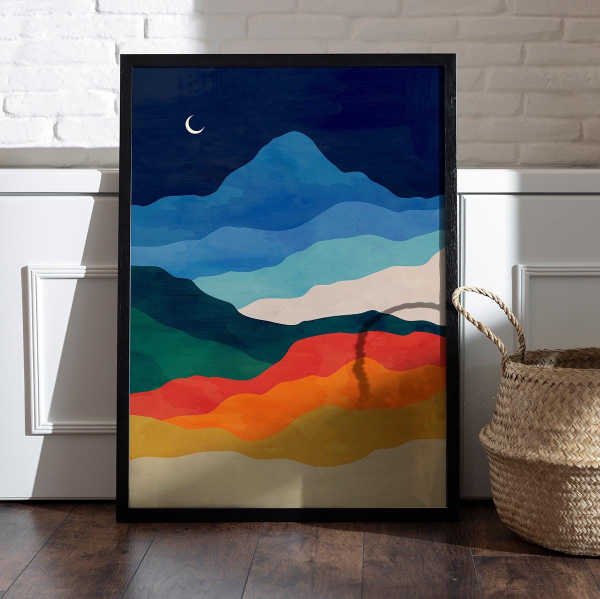 Night Sky Mountain Landscape Art Print | Moon Wall Art