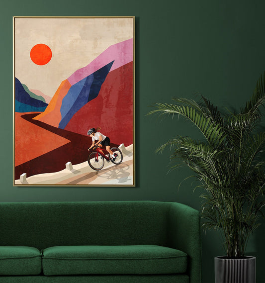 Woman Cyclist Art Print | Descending down the mountain illustration