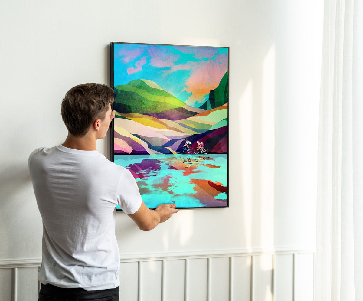 Cycling Couple Art Print | Crystal Clear Lake Bicycle Wall Art