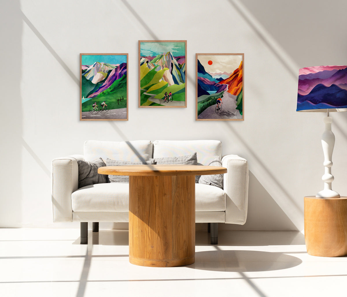 Cycling in the Alps Art Prints Set of 3 | Mountain Landscape Wall Art