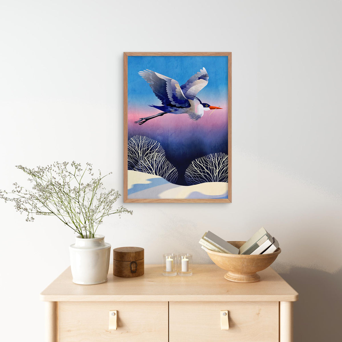Heron Art Print | Bird Flying Over Snowy Landscape Wall Art