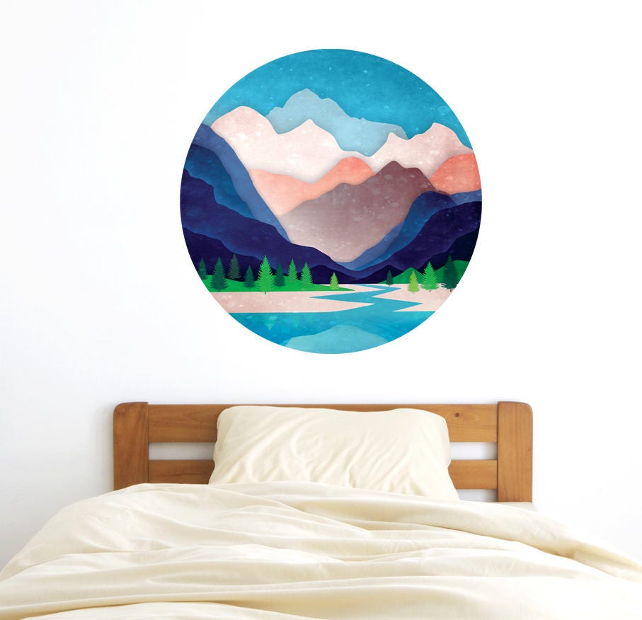 Mountain River Wall Decal | Round Self-Adhesive Removable Wall Sticker