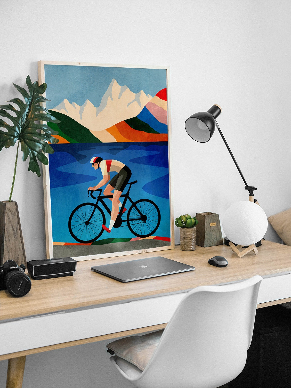 Cycling Art Print | Mountain Lake Illustration Wall Art