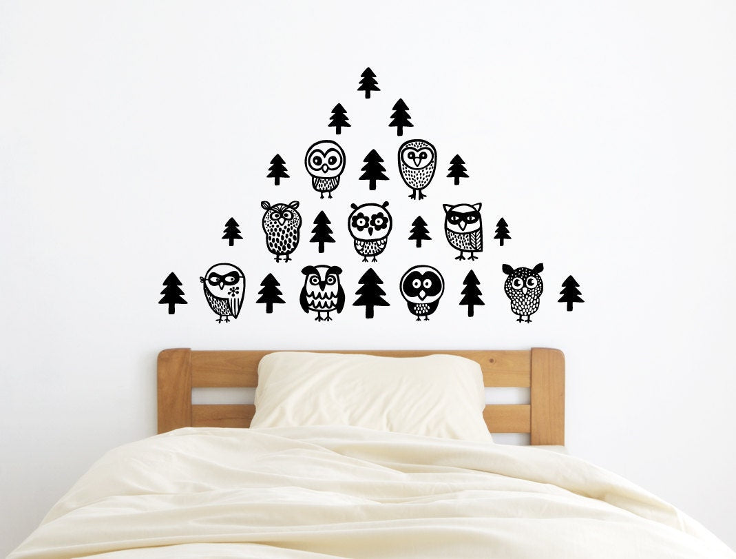 Woodland Owl Wall Decals | 9 Owls & 15 Trees