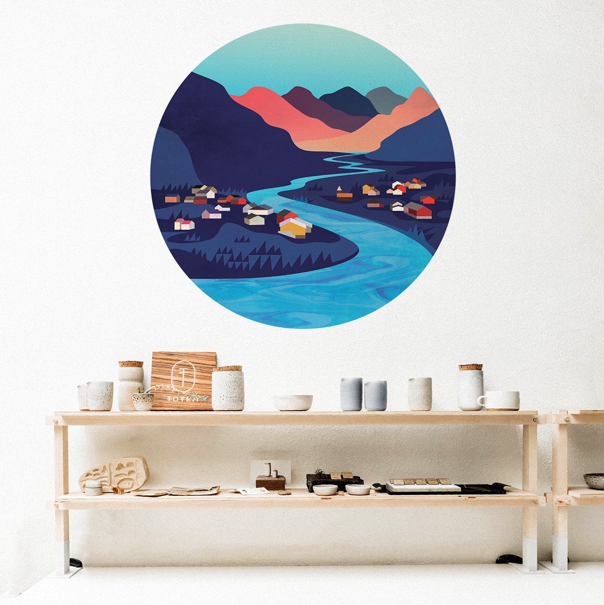 River Village Wall Decal | Round Landscape Wall Sticker