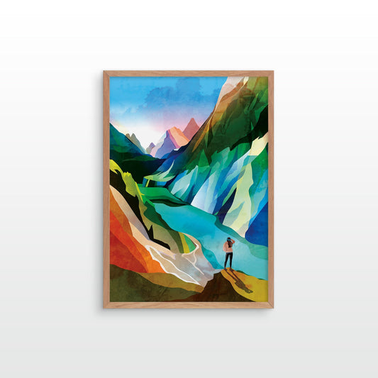 A framed art print featuring a colorful, stylized landscape painting of a mountain valley with a lone figure, displayed on a clean white wall.