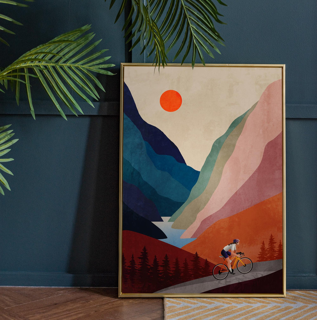 Woman Cyclist Art Print | Mountain Landscape Cycling Wall Art