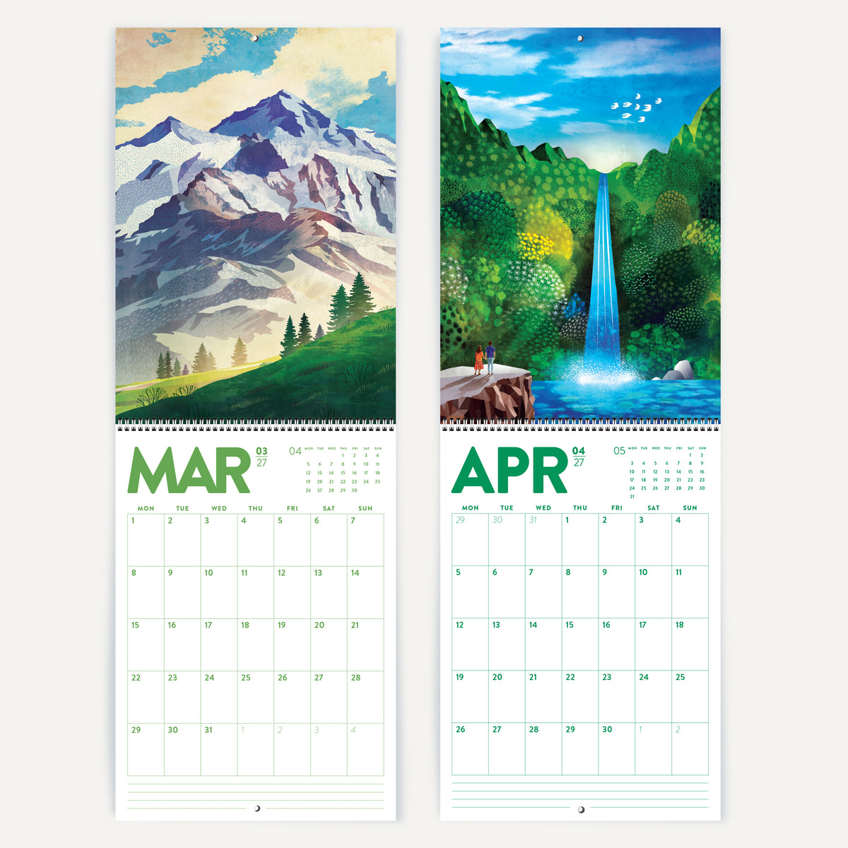 2027 DURIDO Illustrated Wall Calendar. Colorful Landscapes. For nature lovers, hikers, and outdoor souls.