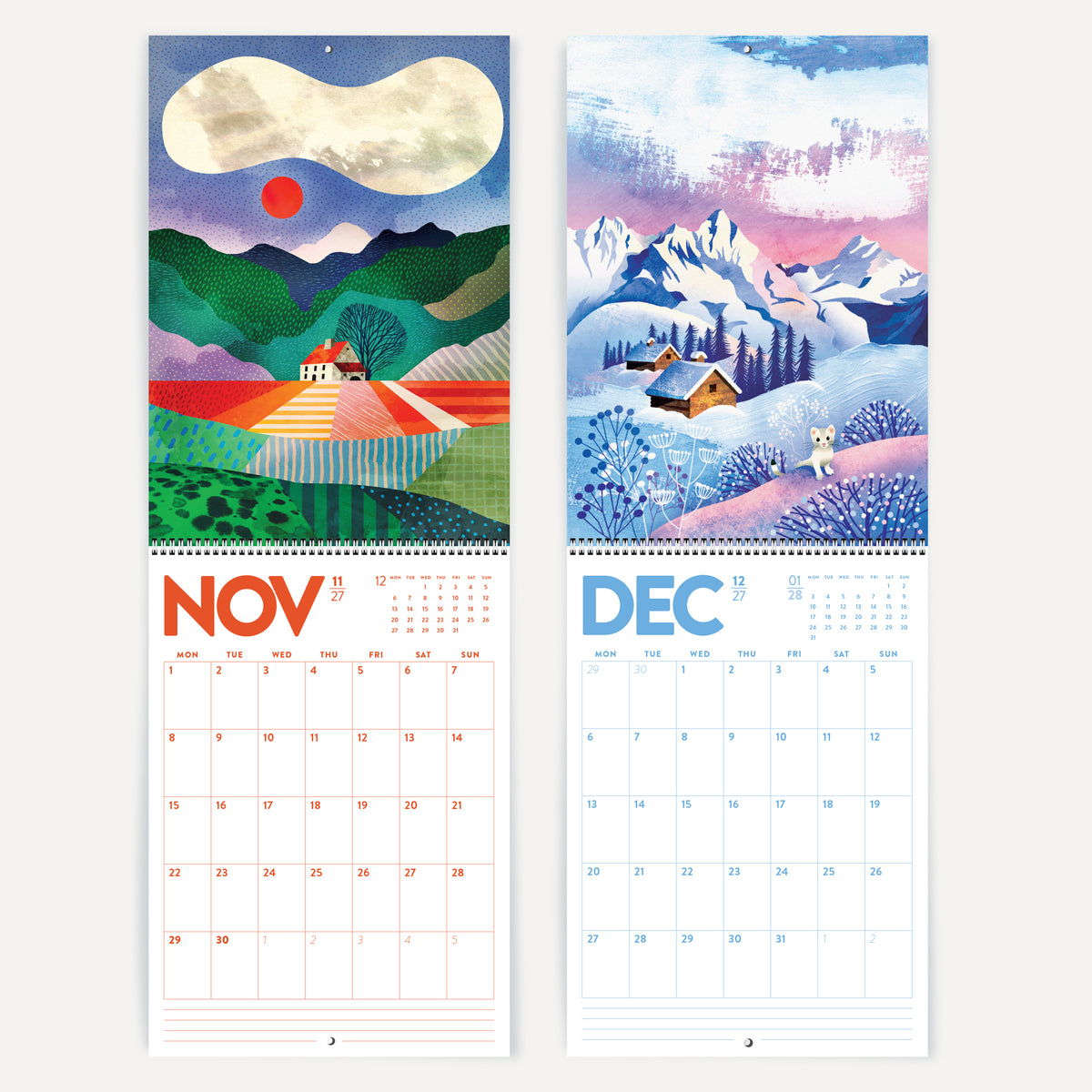 2027 DURIDO Illustrated Wall Calendar. Colorful Landscapes. For nature lovers, hikers, and outdoor souls.