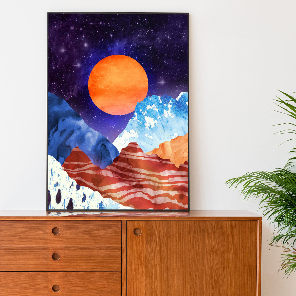 Orange Moon Art Print | Moon Over Mountains Landscape Wall Art