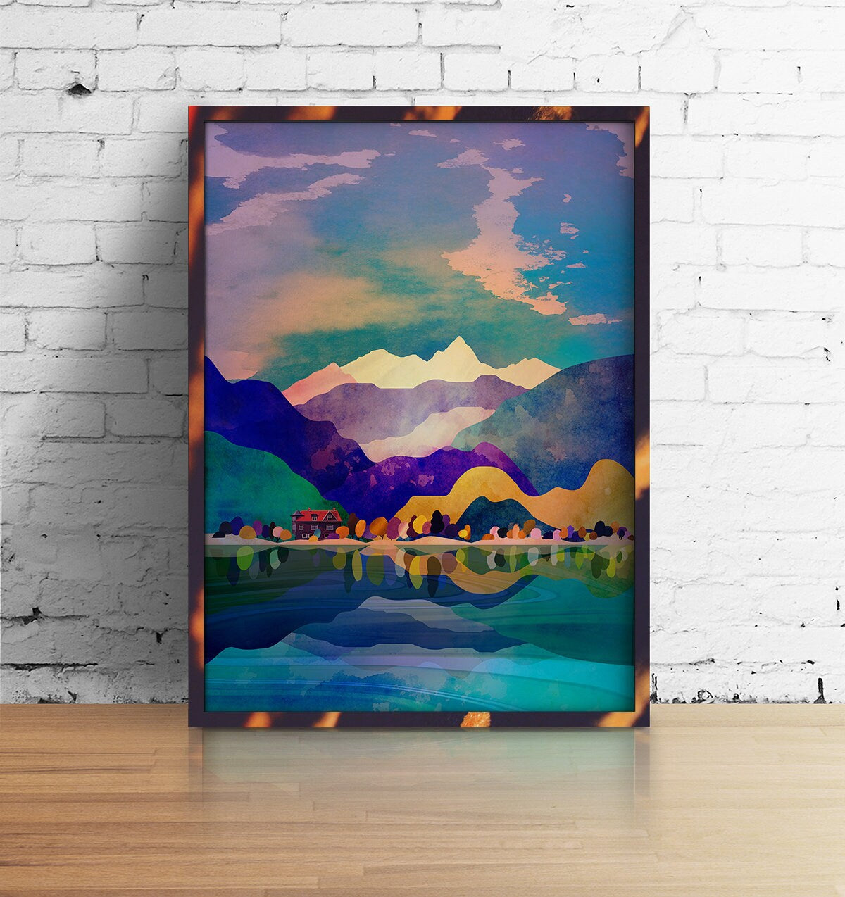 House by the Lake Art Print | Mountain Landscape Wall Art