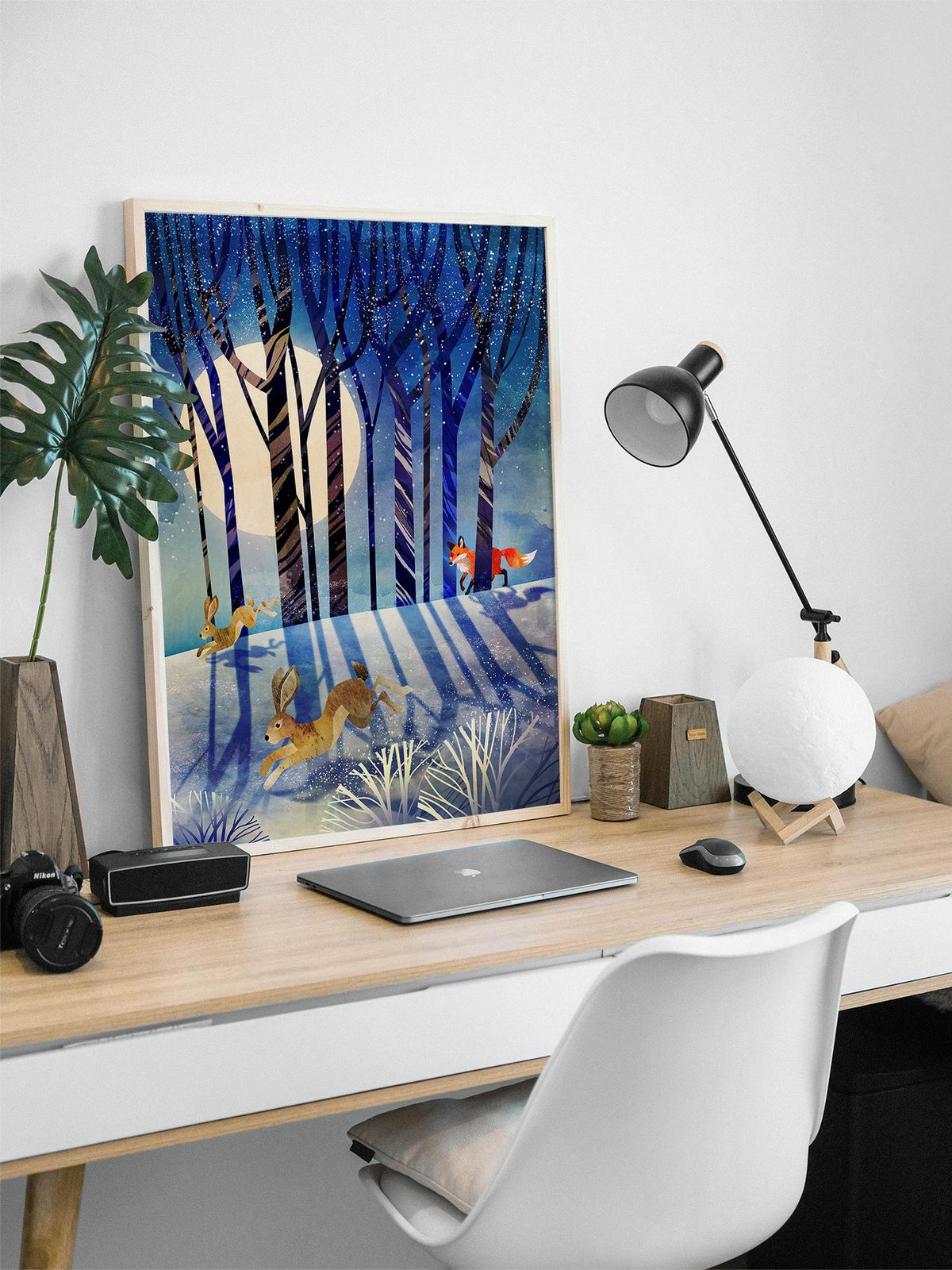 Winter Forest Art Print | Fox and Hares Snowy Landscape Wall Art