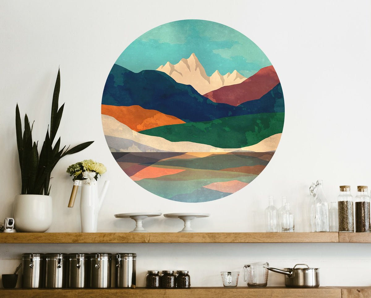 Mountain Lake Wall Decal | Colorful Round Landscape Wall Sticker