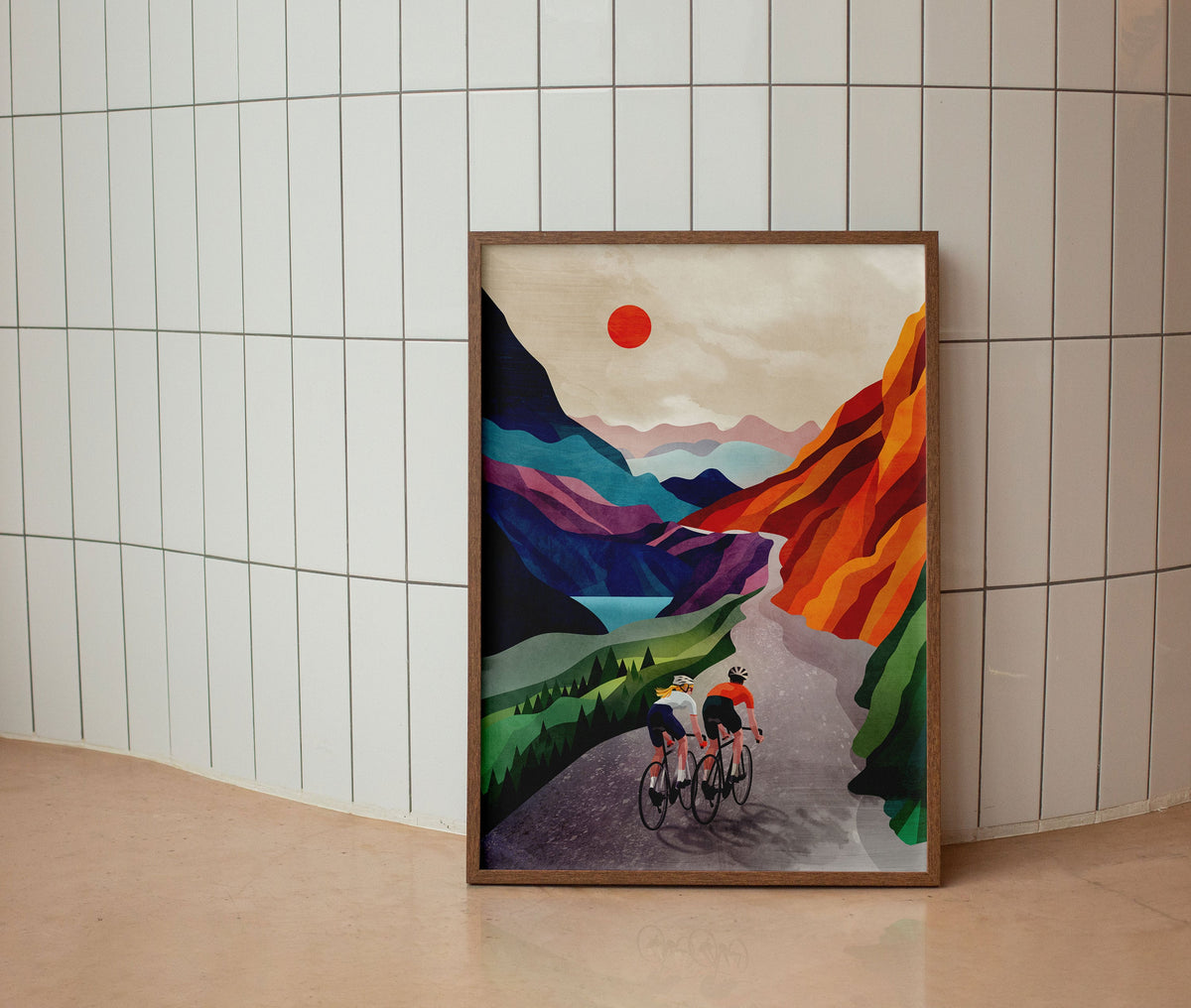 Cycling Couple Art Print | Mountain Landscape Bicycle Wall Art