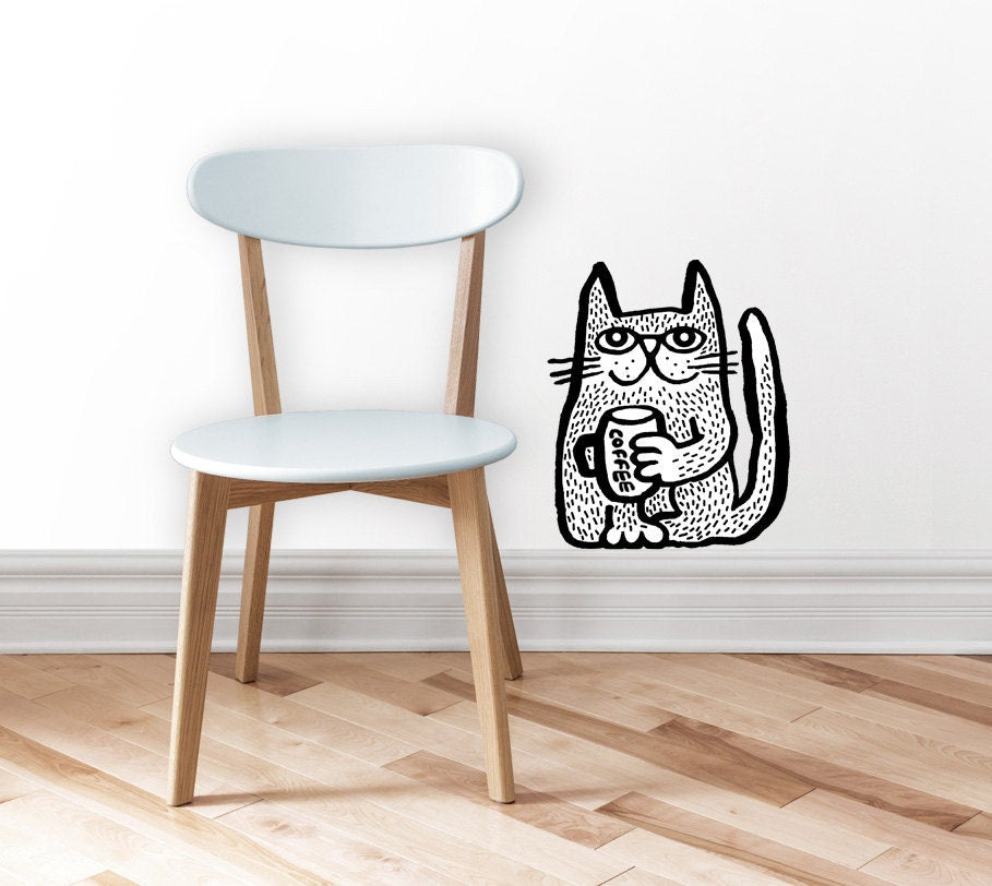 Coffee Cat Wall Decal: Repositionable Woven Polyester Decor