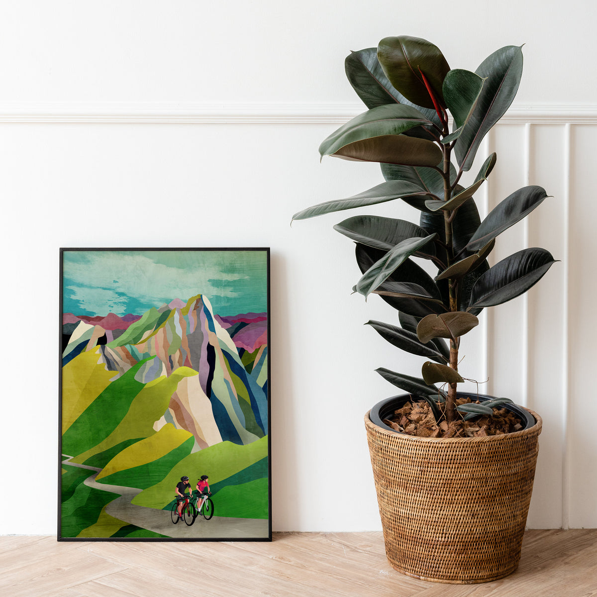 Cycling Couple Art Print | Mountain Landscape Bicycle Wall Art