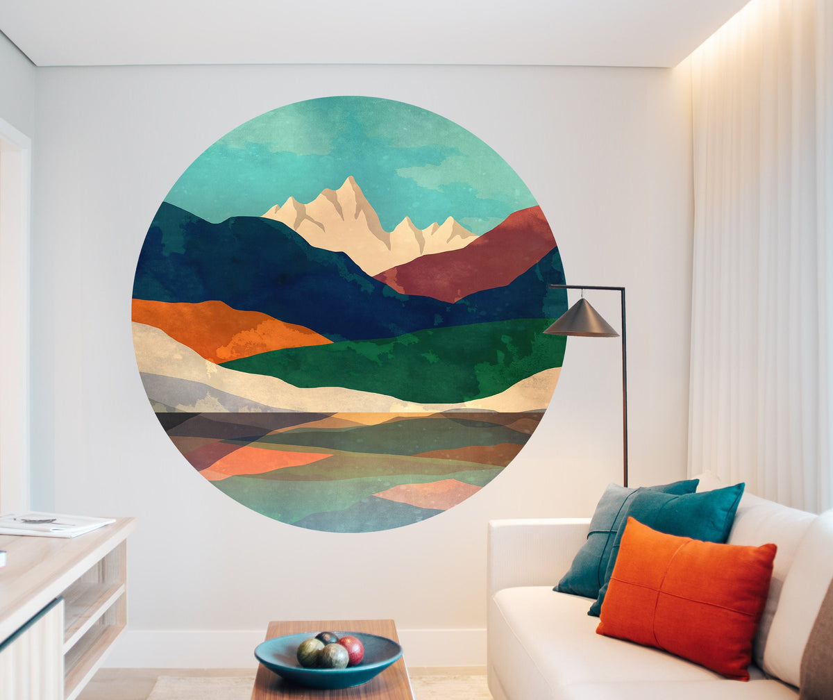 Mountain Lake Wall Decal | Colorful Round Landscape Wall Sticker