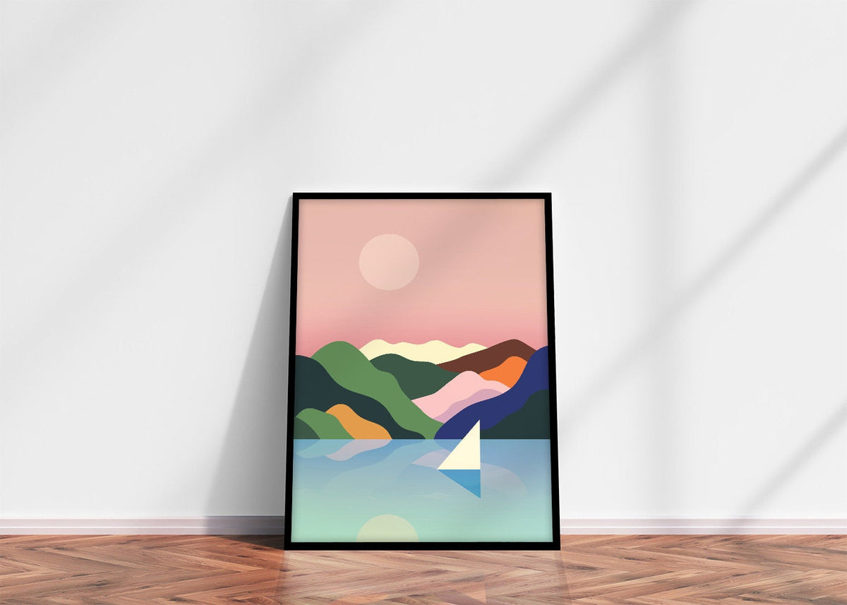 Sailing Art Print | Mountains and Ocean Illustration Wall Art