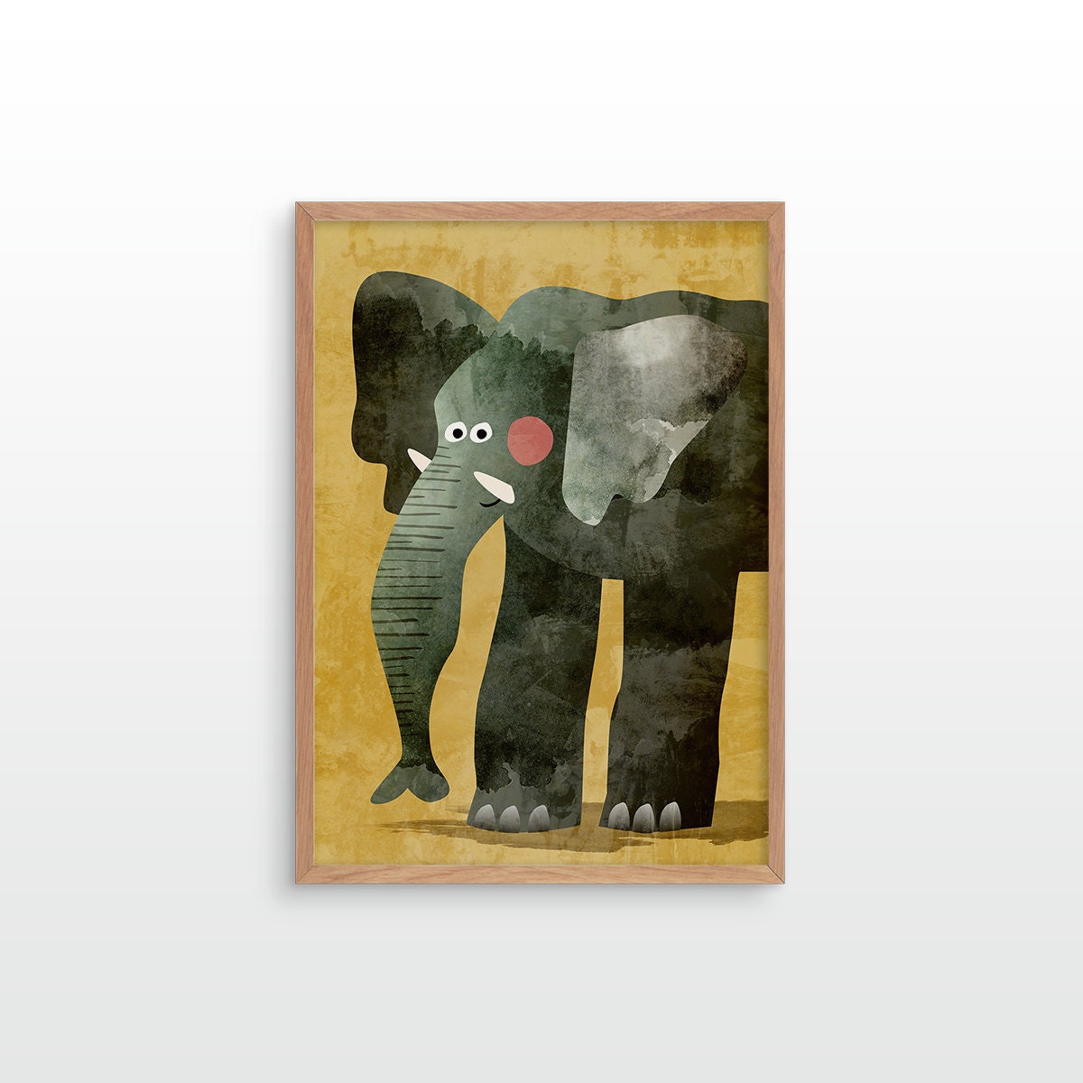 Framed wall art featuring a stylized dark green elephant on a warm mustard-yellow background, shown hanging against a light gray wall.