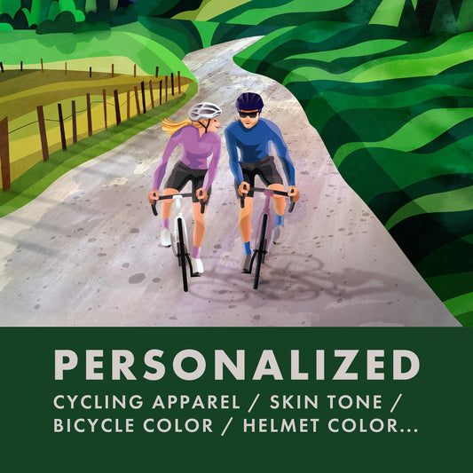 Illustrated scene of two cyclists riding on a winding road through green hills, with text at the bottom reading 'PERSONALIZED CYCLING APPAREL / SKIN TONE / BICYCLE COLOR / HELMET COLOR.