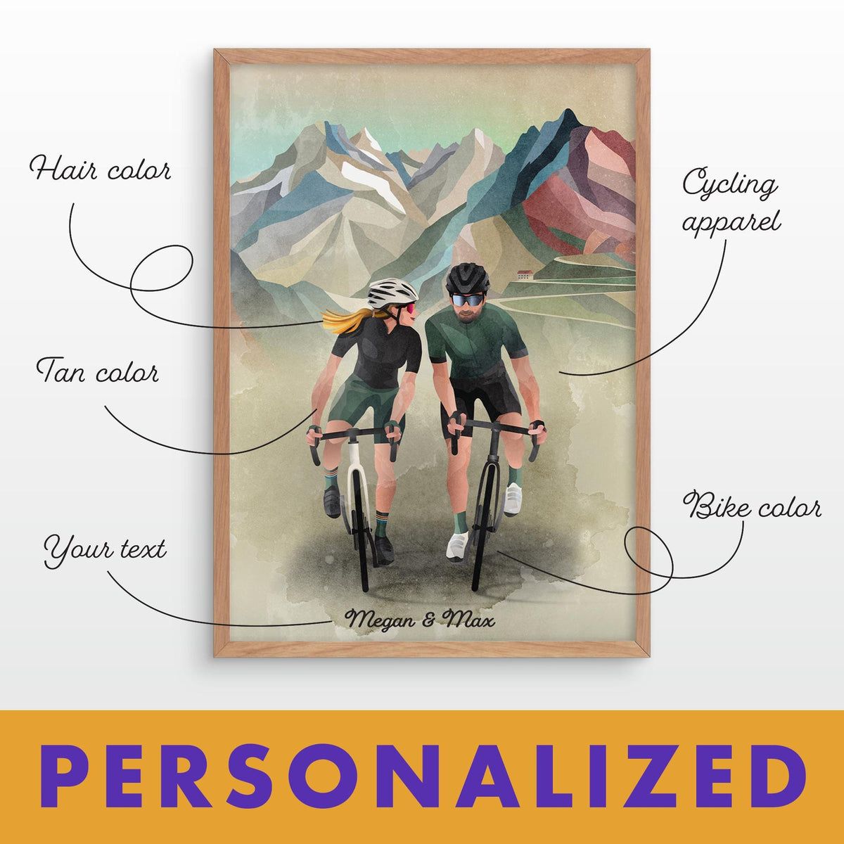 A framed custom watercolor-style cycling artwork showing two cyclists in front of mountains, with callout lines labeling customizable elements such as hair color, tan color, cycling apparel, bike color, and your text. A yellow banner at the bottom reads PERSONALIZED.