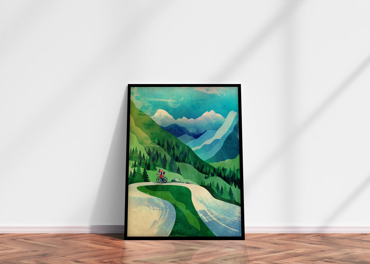 Woman Cyclist climbing the road | Cycling Art Print