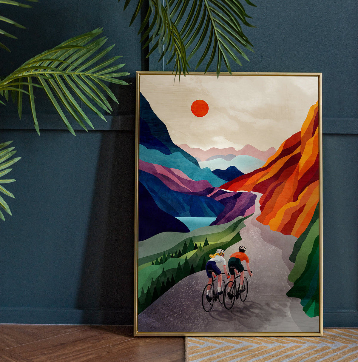 Cycling Couple Art Print | Mountain Landscape Bicycle Wall Art