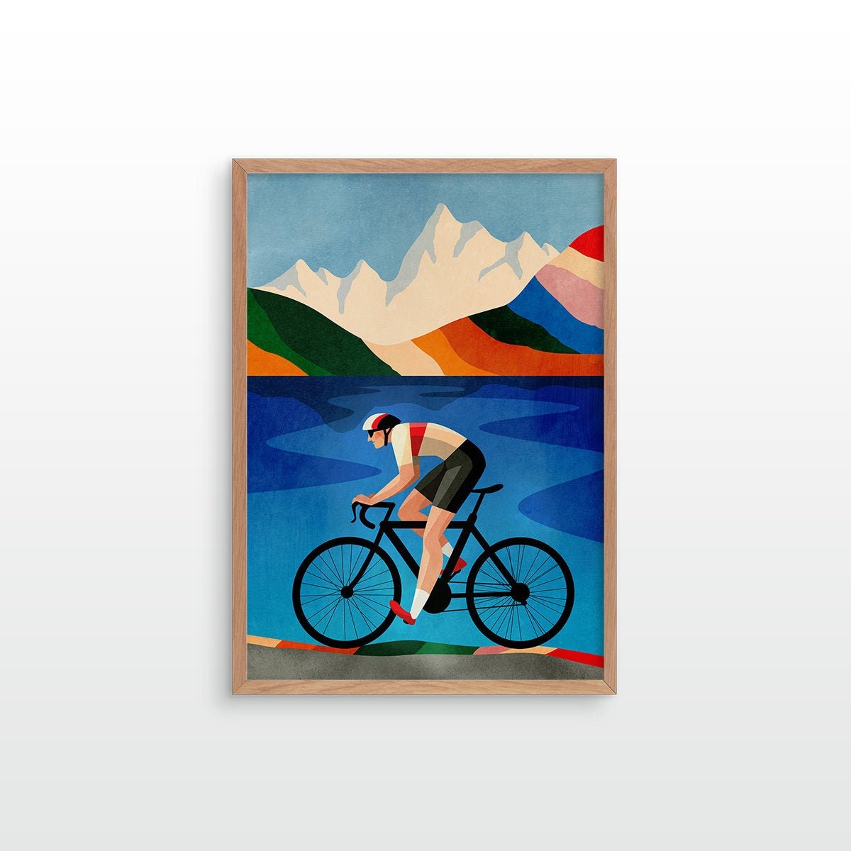 Cycling Art Print | Mountain Lake Illustration Wall Art
