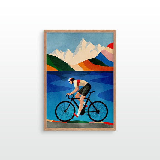 Cycling Art Print | Mountain Lake Illustration Wall Art
