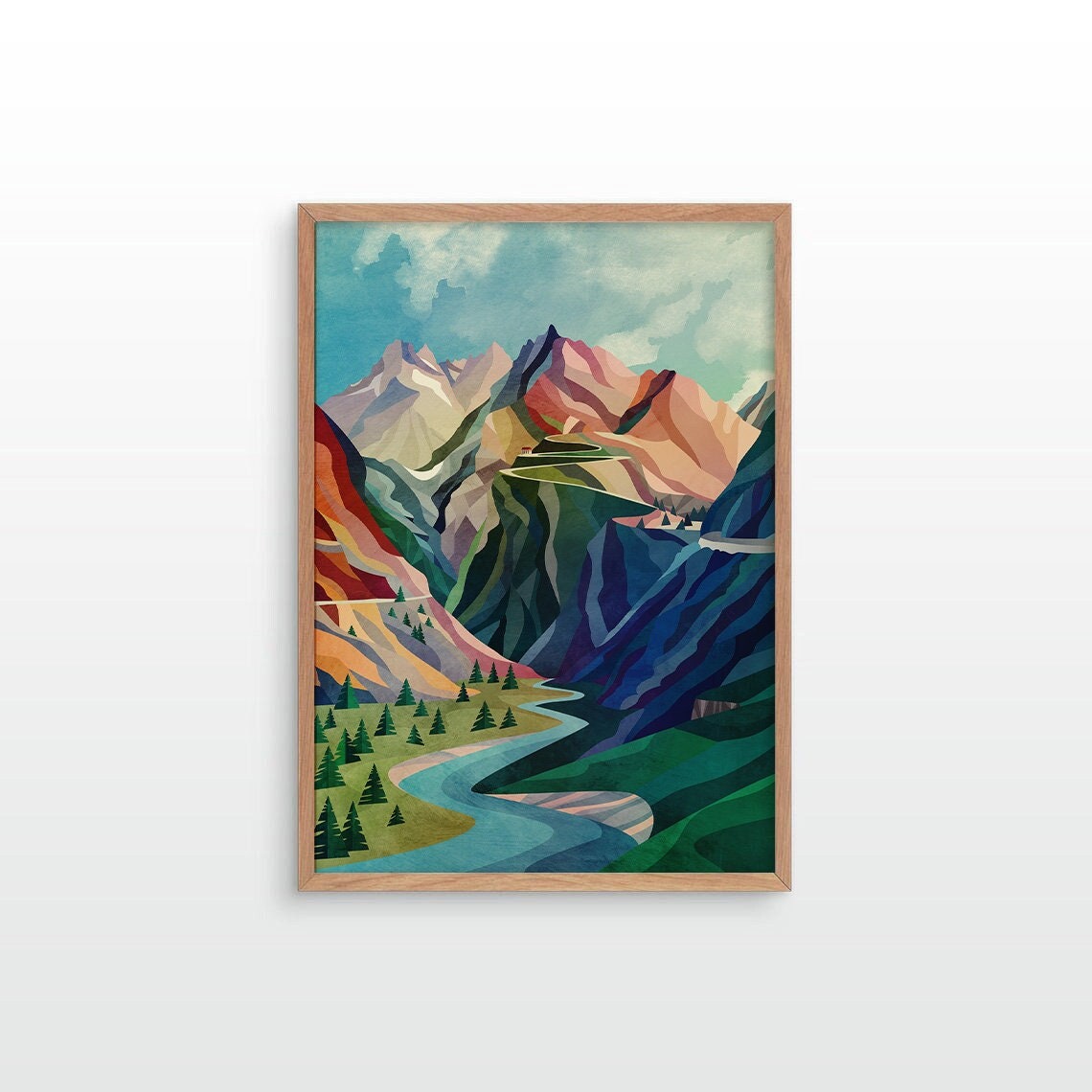 A framed art print featuring a stylized mountain landscape with a winding river, shown against a light gray background.