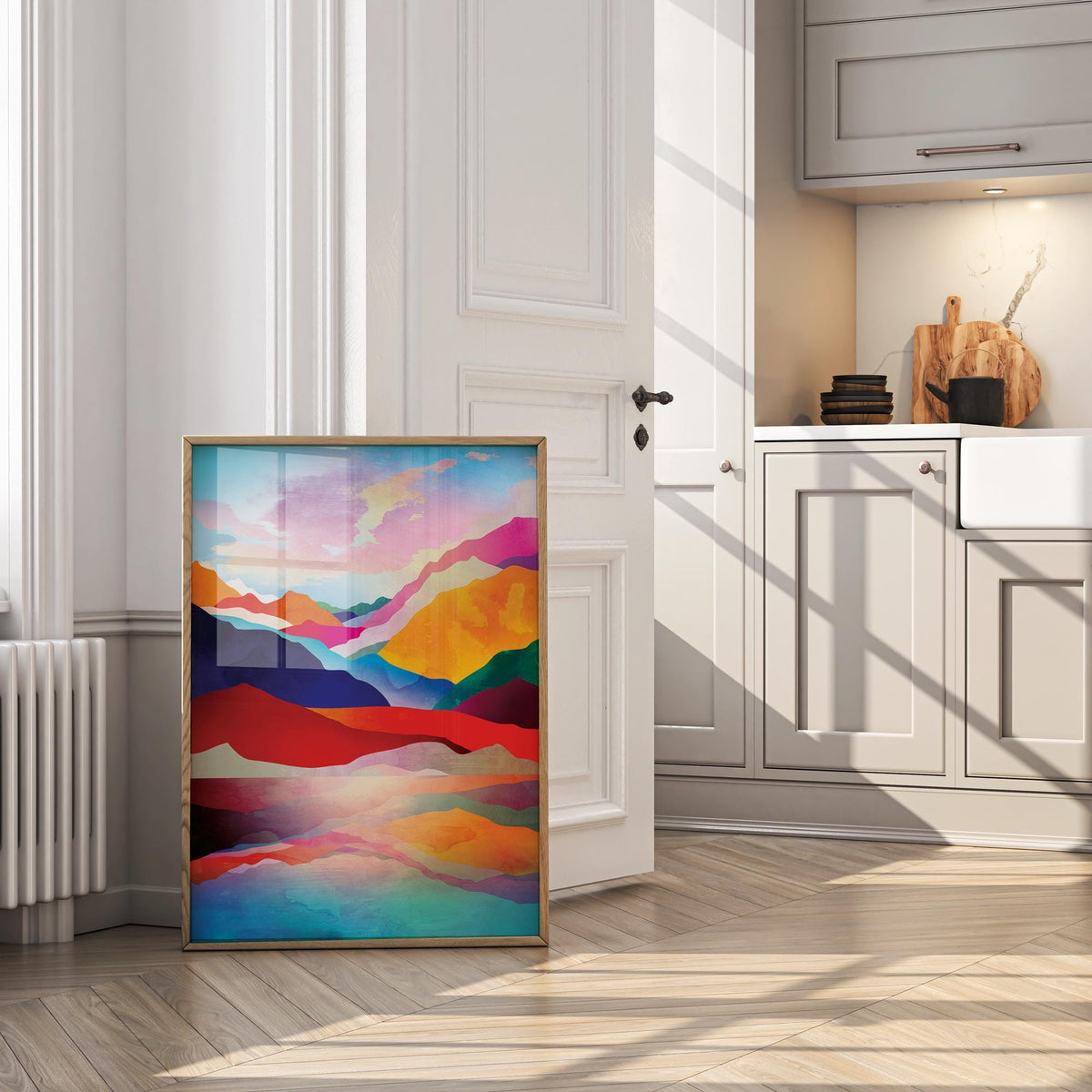 Mountain Lake Sunset Art Print | Colorful Landscape Illustration