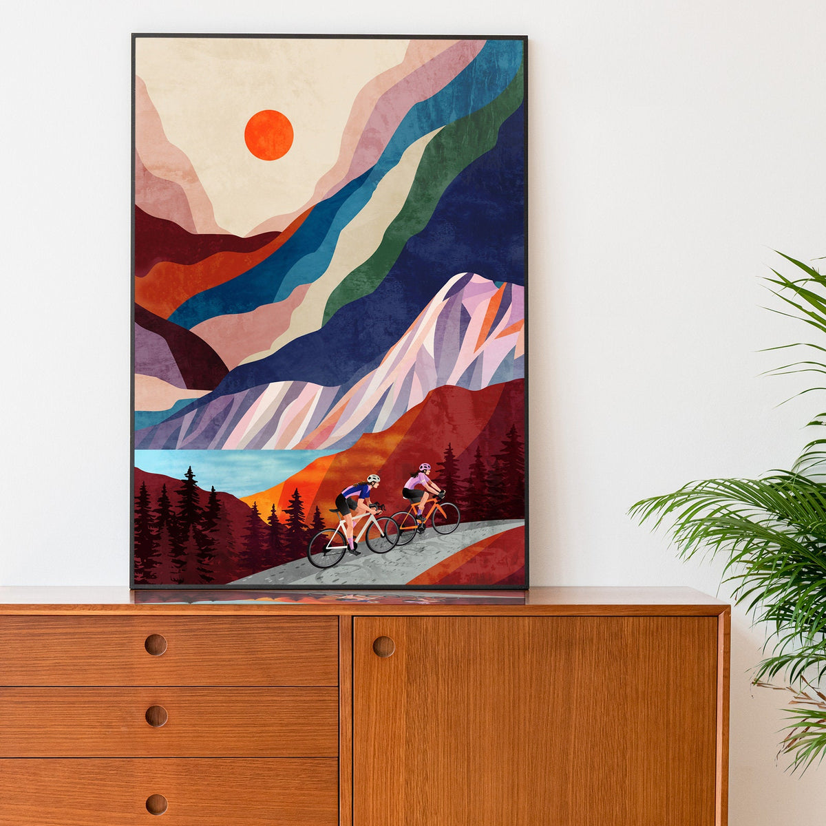 Cycling Friends Art Print | Mountain Landscape Female Cyclists Wall Art